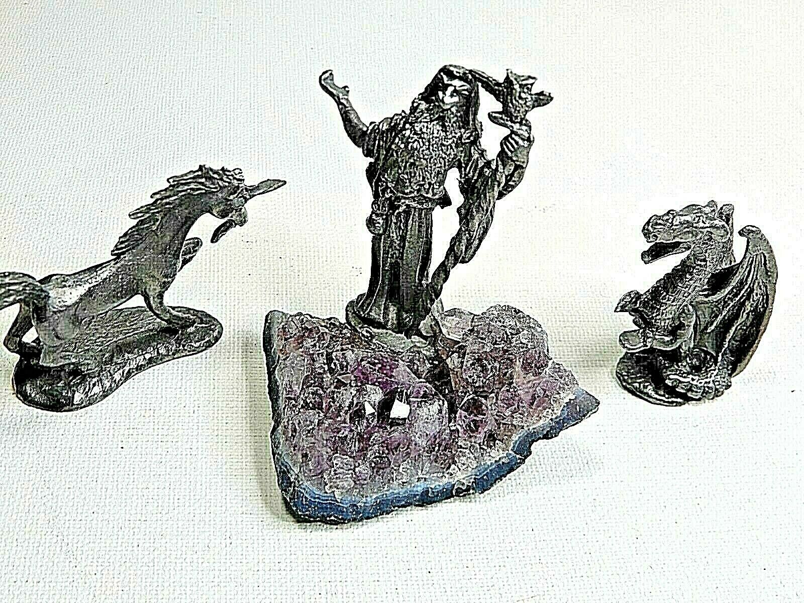 3 Pc Pewter Figurine Mythical Wizard  On Amethyest Geode Rock + Dragon & Unicorn