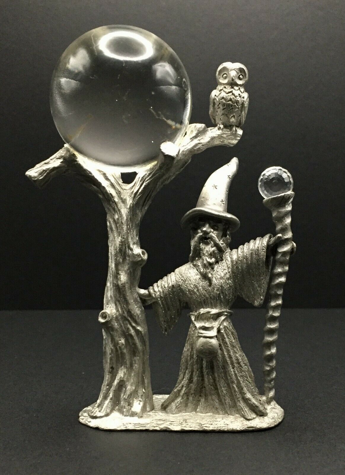 Spoontiques Pewter Metal Xl Crystal Ball Wizard Mage Owl Tree Miniature Figurine